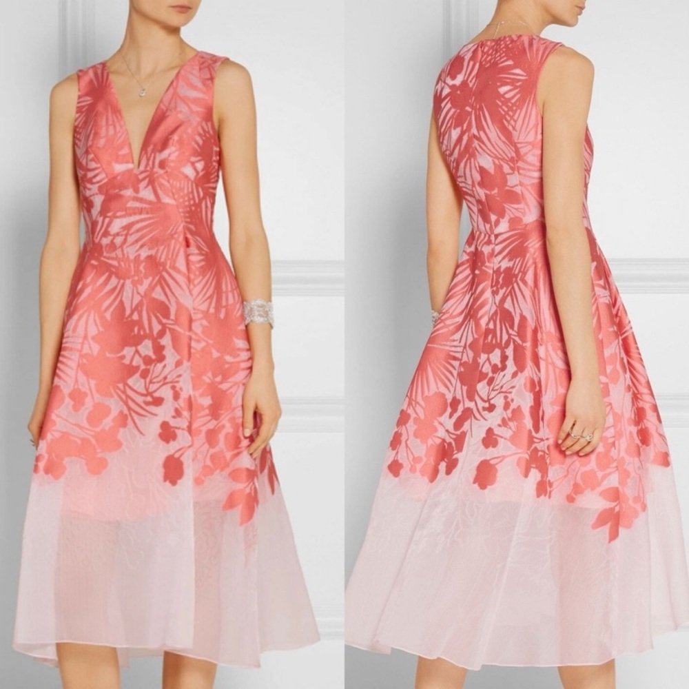 Lela Rose floral boarder fil coupe v-neck dress 12